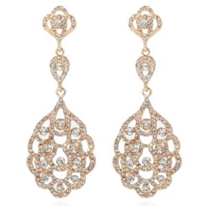 Gold Rhinestone Wedding Bridal Chandelier Dangle Earrings Sparkly Crystal Long Teardrop Statement Earrings for Women Brides Pageant Prom