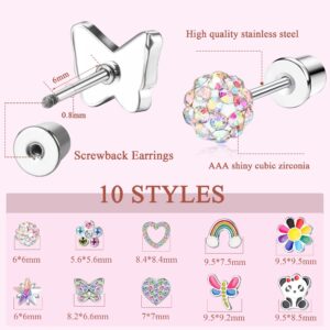 Finrezio 10 Pairs Hypoallergenic Screw Back Earrings for Women Girls Stainless Steel Colorful Heart Flower Butterfly Rainbow Stud Earrings Shiny CZ Screwback Stud Earring Set Age:over 3 years old