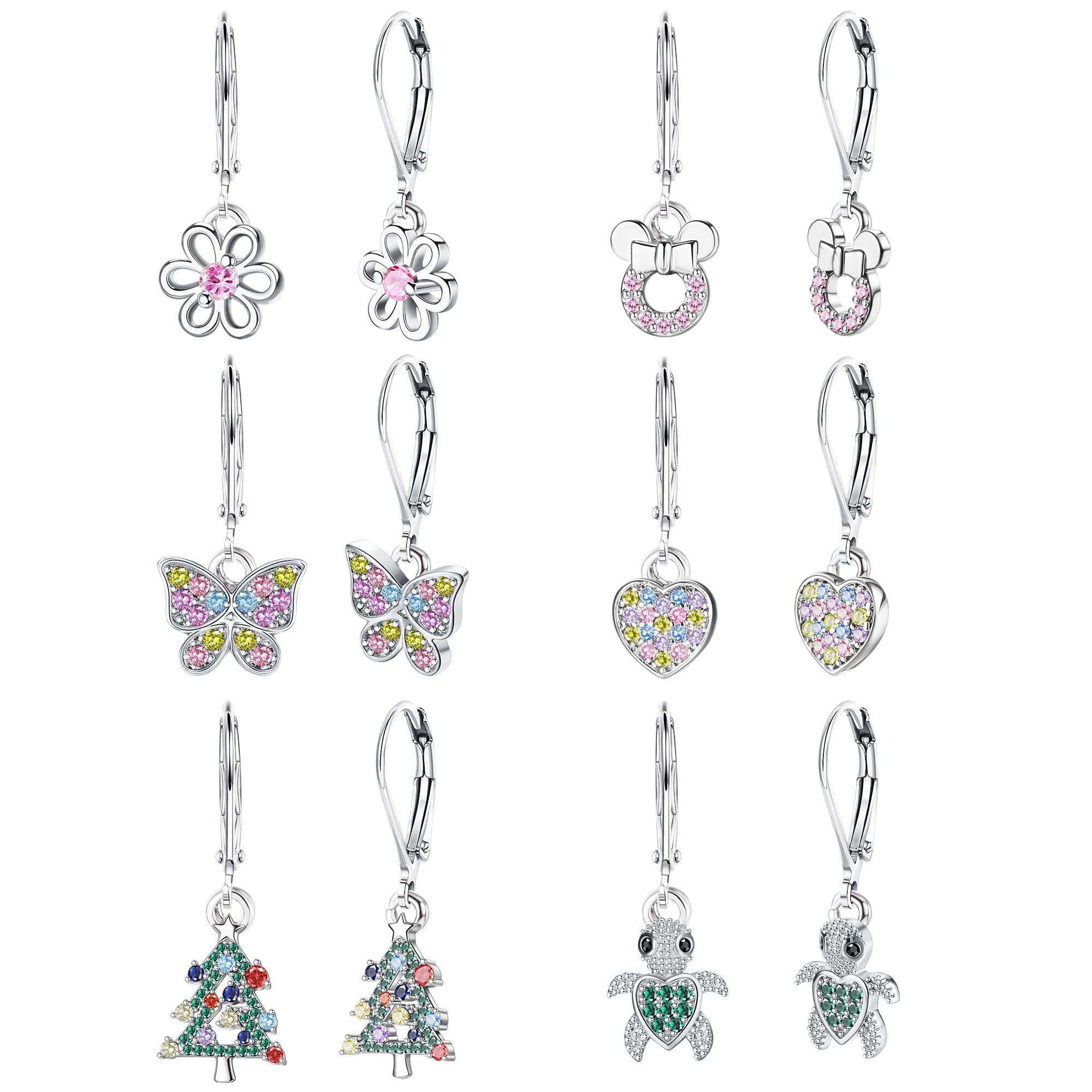 Drperfect Cute Dangle Earrings, Hypoallergenic, Cubic Zirconia Paved Butterfly Heart Flower Turtle Mouse Christmas Tree Drop Dangling Earrings, Silver Leverback Earrings Set