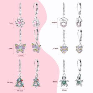 Drperfect Cute Dangle Earrings, Hypoallergenic, Cubic Zirconia Paved Butterfly Heart Flower Turtle Mouse Christmas Tree Drop Dangling Earrings, Silver Leverback Earrings Set