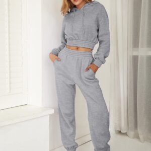 MakeMeChic Women's Sweatsuits 2 Piece Outfits Cropped Hoodie Pullover Top and Jogger Sweatpants Set Light Grey S