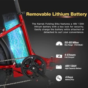 NARRAK Electric Fat Tires Folding Bike, 750W Brushless Motor Peak 1100W, 48V13Ah Removable Battery, Max 28Mph, LCD Display, Suspension, Step-Over/Through Frame for Adult (Step Thru - Red)