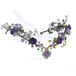 MOSTORY Purple Flower Headpiece - Fairy Floral Crown Woodland Elf Headband Forest Wreath Elven Tiara for Renaissance Cosplay Christmas Wedding Party Bridal Women Girls