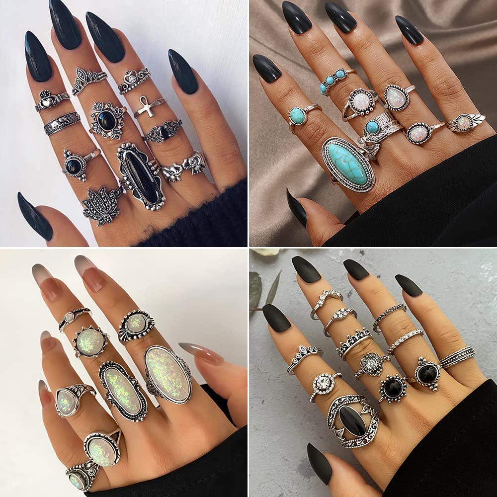 KISS WIFE Cool Rings Set for Women, Vintage Silver Punk Rings Bulk, Gothic Chunky Knuckle Emo Stackable Finger Ring Pack (Boho-2)