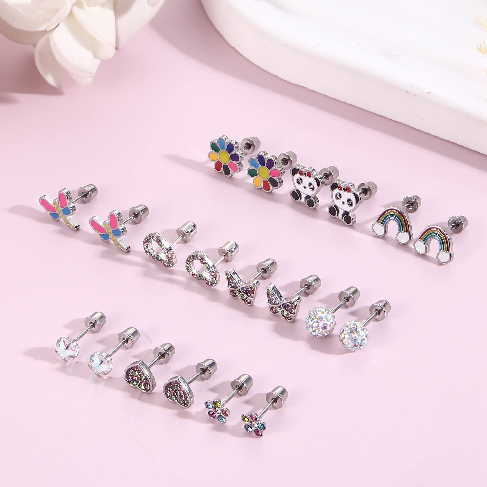 Finrezio 10 Pairs Hypoallergenic Screw Back Earrings for Women Girls Stainless Steel Colorful Heart Flower Butterfly Rainbow Stud Earrings Shiny CZ Screwback Stud Earring Set Age:over 3 years old