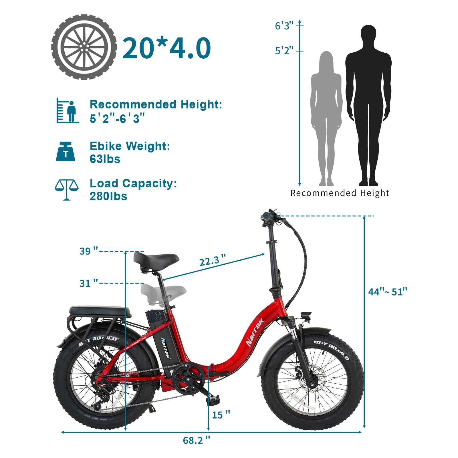 NARRAK Electric Fat Tires Folding Bike, 750W Brushless Motor Peak 1100W, 48V13Ah Removable Battery, Max 28Mph, LCD Display, Suspension, Step-Over/Through Frame for Adult (Step Thru - Red)