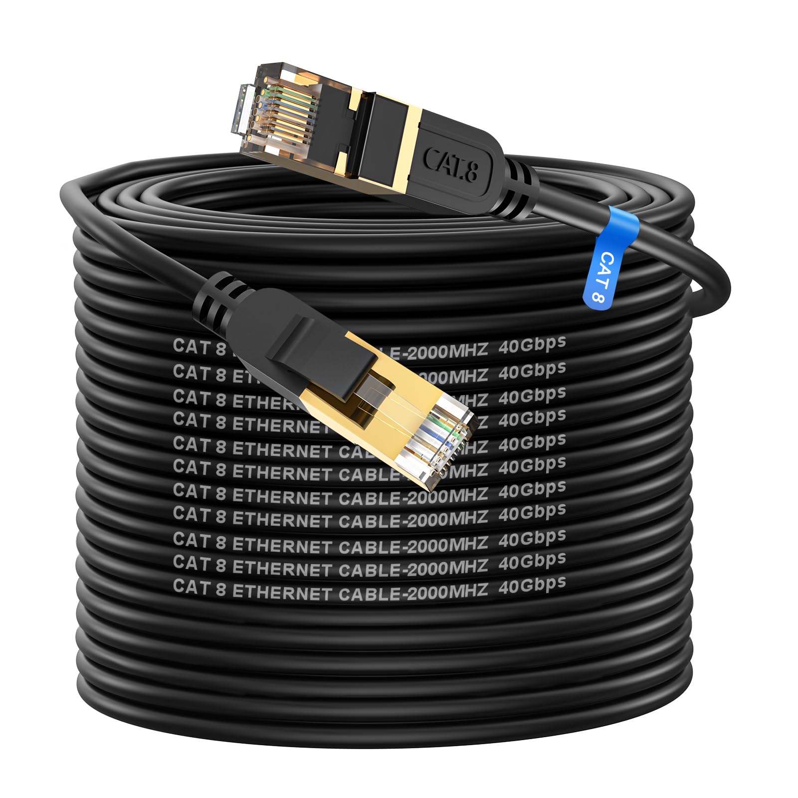 Cat 8 Ethernet Cable, 150FT High Speed Heavy Duty 26AWG Cat8 LAN Network Cable 40Gbps, 2000Mhz with Gold Plated RJ45 Connector, Outdoor&Indoor Internet Cable Compatible for Router Gaming Modem Xbox