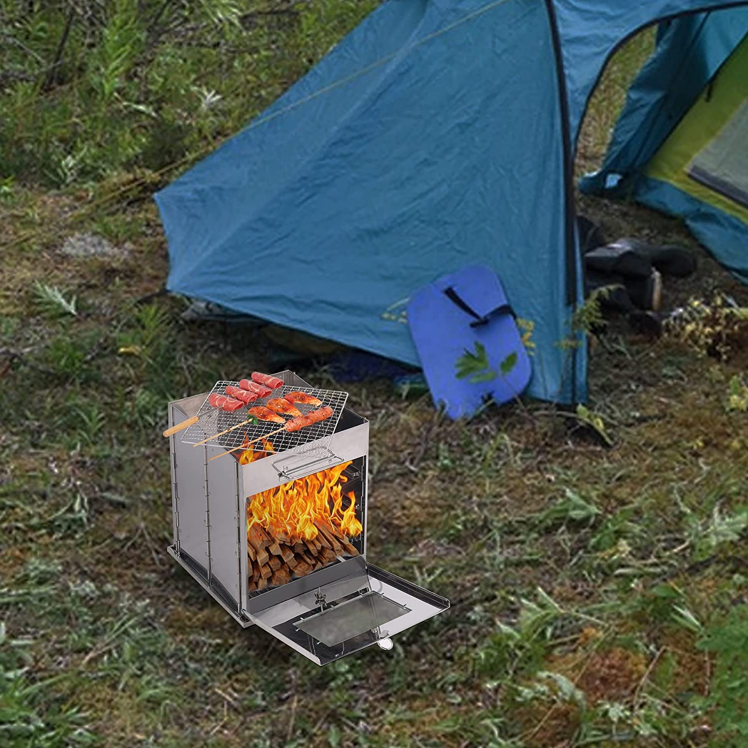 REDCAMP 14"H Foldable Camping Oven with 3 Tier Grill, Stainless Steel Portable Camping Stove for Baking Cinnamon Rolls, Breads and Muffins with Wood Burning Fire,Propane Stoves,Campers,Baking BBQ