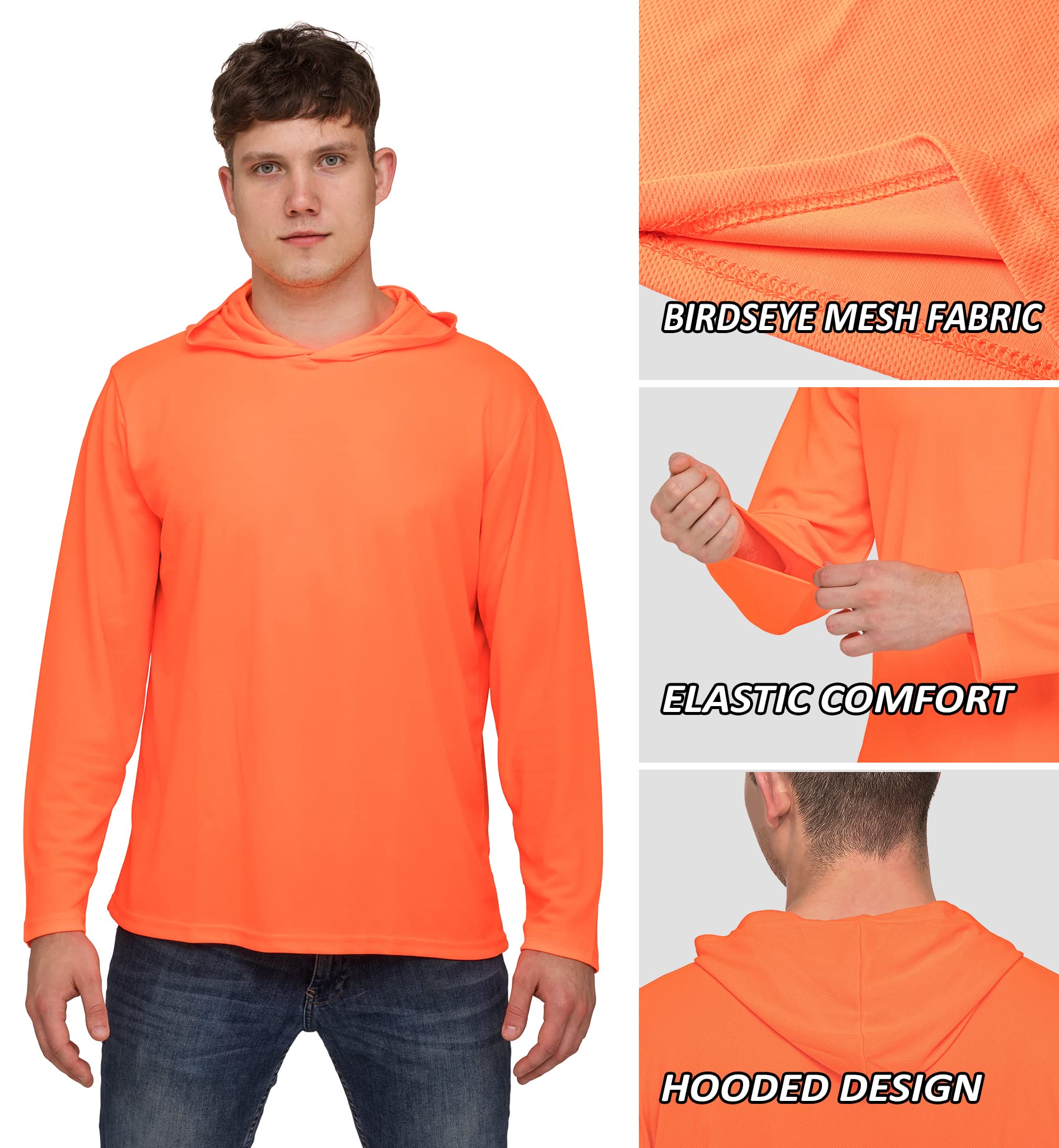 ProtectX 2-Pack Men High Visibility Lightweight Long Sleeve Hoodie, UPF 50+ Sun Protection T Shirts, SPF Outdoor UV Shirt, Orange - 3X Large