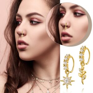 Bonuci 15 Pcs Dangle Nose Rings Hoops Heart Dangle Nose Rings Cartilage Earring Dangling Nose Piercing Jewelry for Women (Gold)