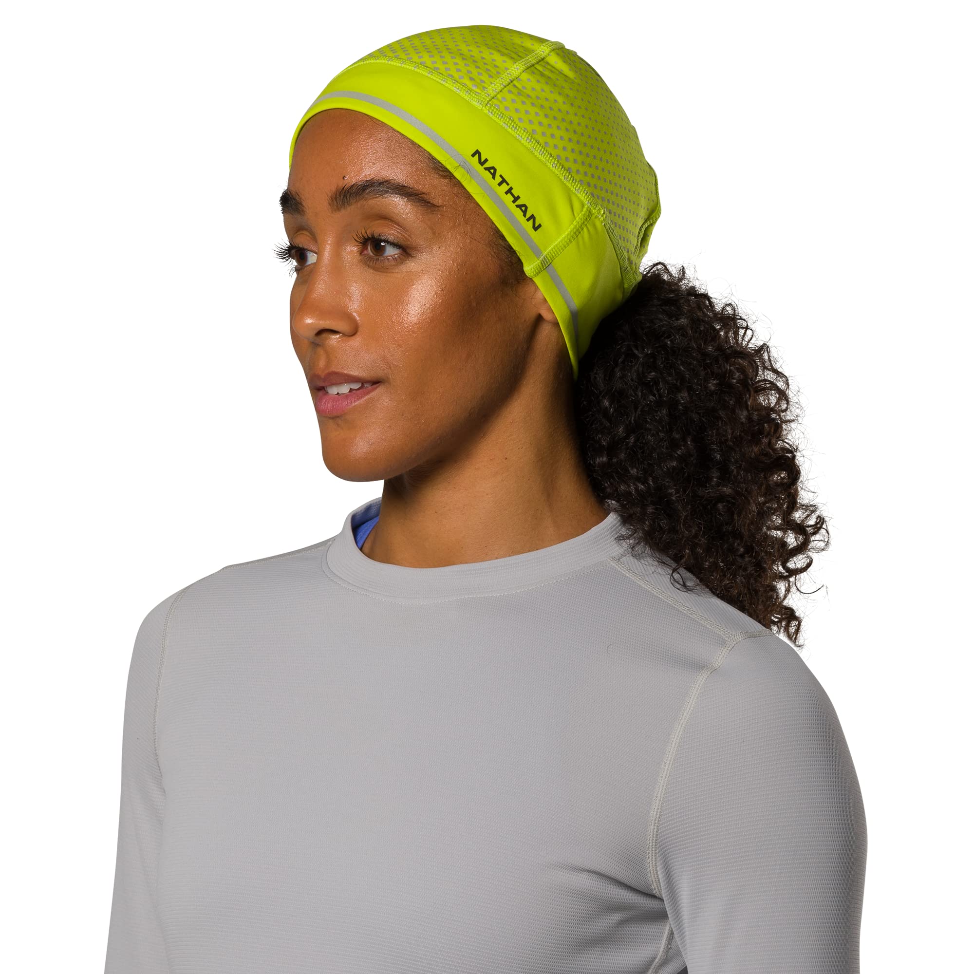 HyperNight Reflective Pony Tail Beanie Hi Vis Yellow/Geo Print OSFM