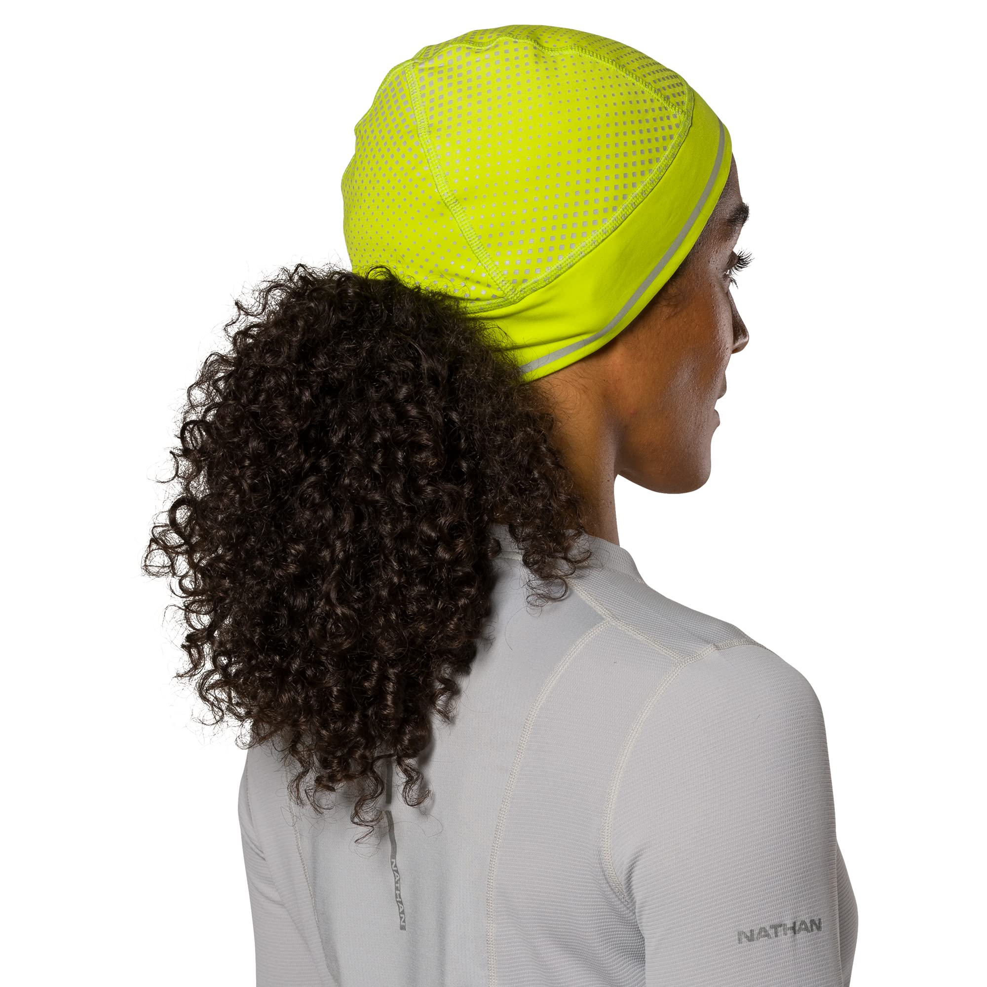 HyperNight Reflective Pony Tail Beanie Hi Vis Yellow/Geo Print OSFM