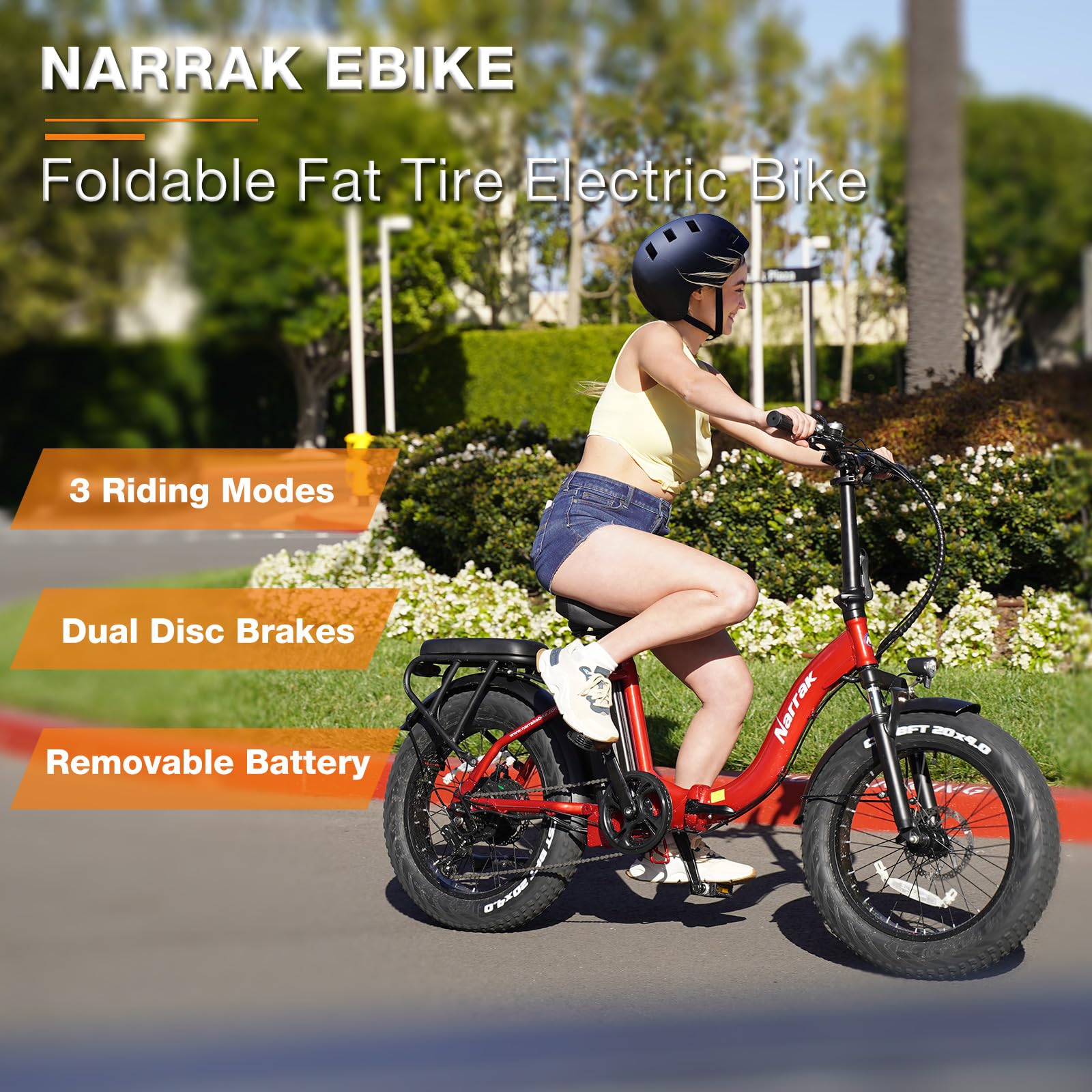 NARRAK Electric Fat Tires Folding Bike, 750W Brushless Motor Peak 1100W, 48V13Ah Removable Battery, Max 28Mph, LCD Display, Suspension, Step-Over/Through Frame for Adult (Step Thru - Red)