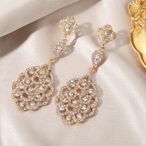 Gold Rhinestone Wedding Bridal Chandelier Dangle Earrings Sparkly Crystal Long Teardrop Statement Earrings for Women Brides Pageant Prom