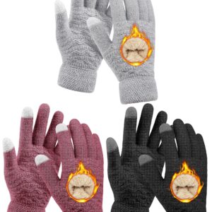 KUTTOR 3 Pairs Women's Winter Knit Plush Gloves Touch Screen Gloves Thermal Cable Knit Wool Fleece Lined Touchscreen Mittens