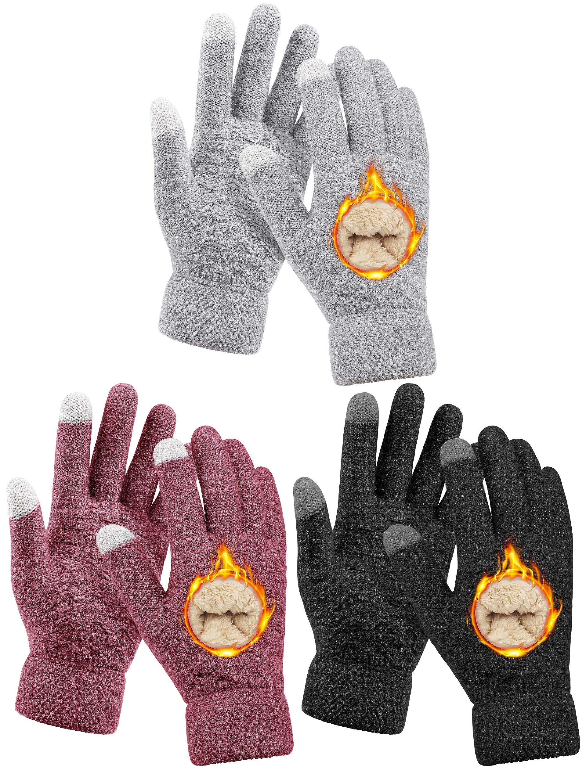 KUTTOR 3 Pairs Women's Winter Knit Plush Gloves Touch Screen Gloves Thermal Cable Knit Wool Fleece Lined Touchscreen Mittens