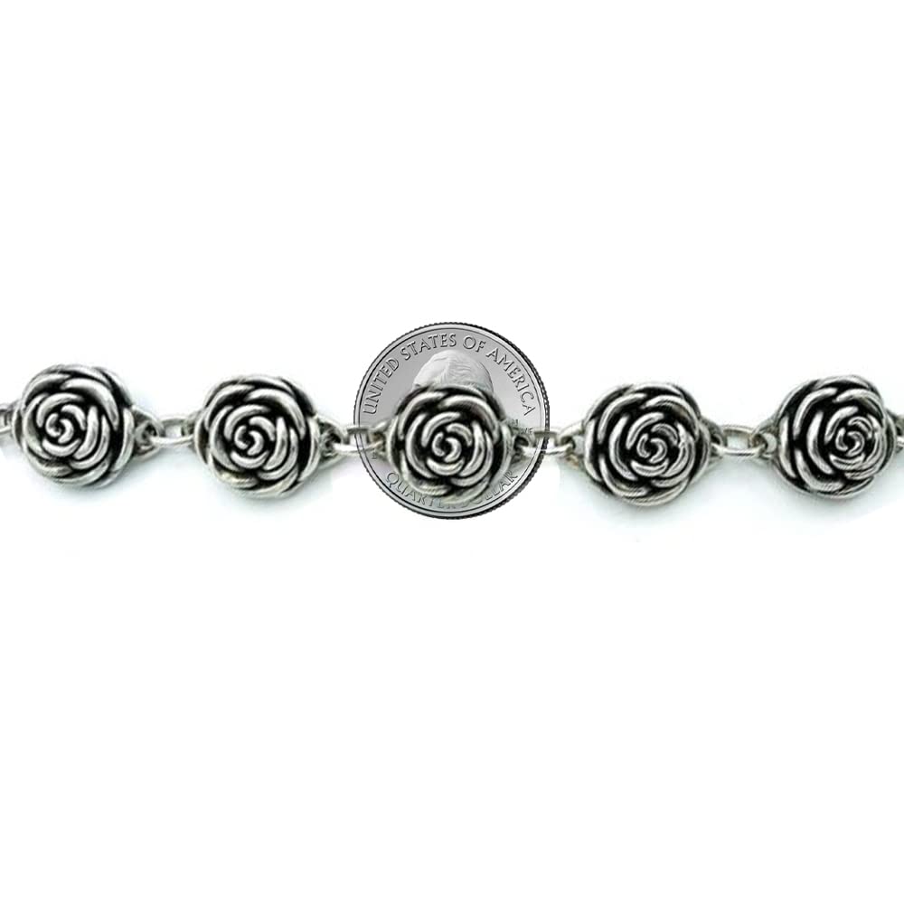 Savlano 925 Sterling Silver 17mm Italian Rose Link Chain Bracelet - 7.5 inch Hollow Flower Rose Bracelet for Women - Made in Italy Comes with Gift Box