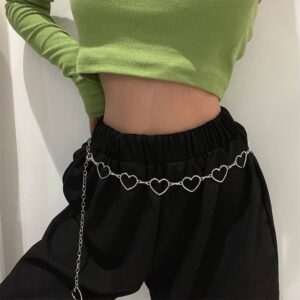 Kefley Heart Waist Chain Belt with Long Tassel Tail Body Belly Chains Silver Geometric Heart Waist Belts Y2K Chain for Dresses Pants Skirt Trousers Jeans Chain Accessories