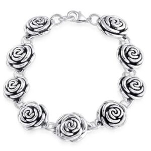 Savlano 925 Sterling Silver 17mm Italian Rose Link Chain Bracelet - 7.5 inch Hollow Flower Rose Bracelet for Women - Made in Italy Comes with Gift Box