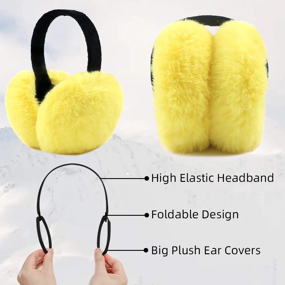 Peecabe Winter Women Earmuffs Faux Fur Girls Ear muffs Warm Unisex Kids Ear Covers Foldable Outdoor Boys Ear Warmers for Women (Yellow)