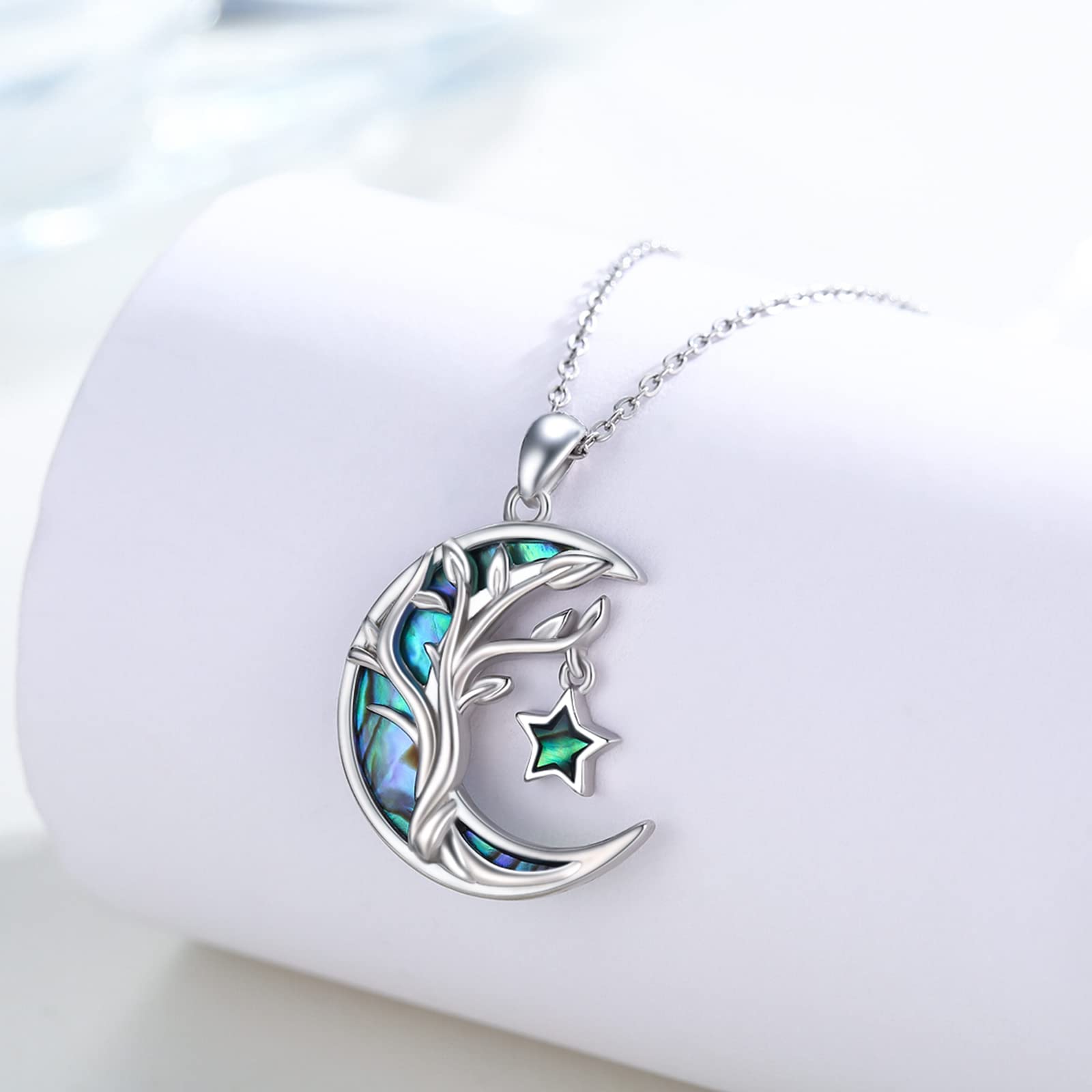 PCTJYFU Tree of Life Necklace 925 Sterling Silver Abalone Shell Star Moon Tree of Life Pendant Family jewelry for Women Mom Grandmother