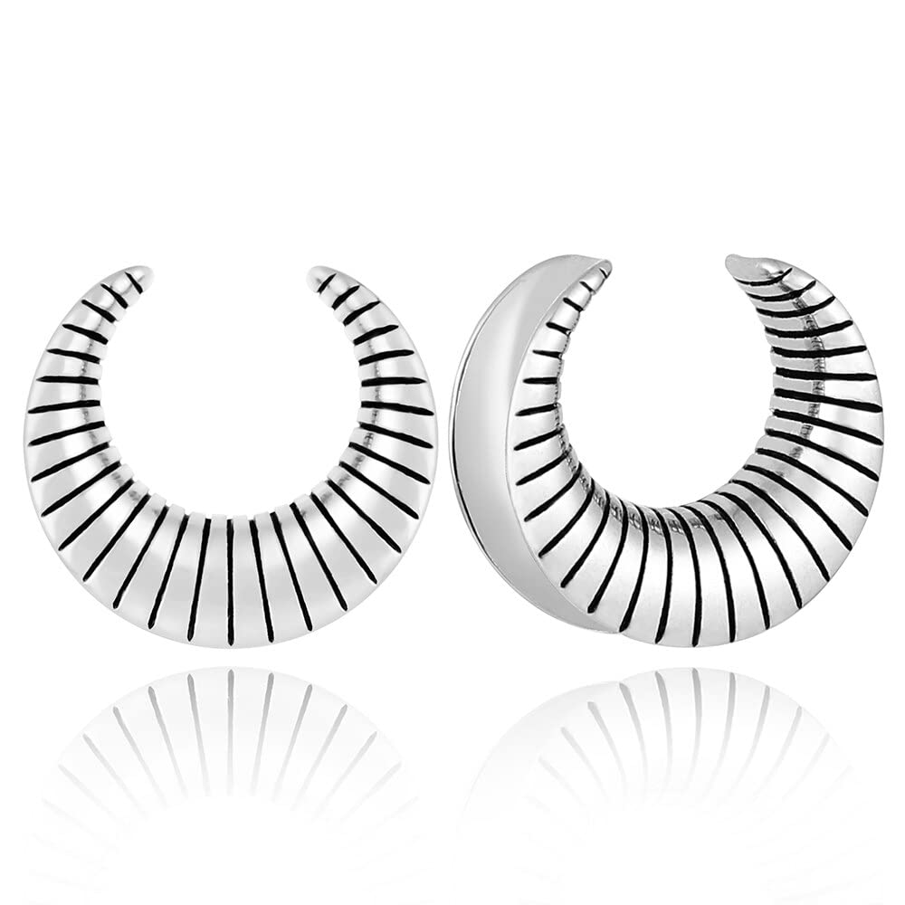 LADEMAYH 2Pcs 00 Gauges for Women, Stripe Design Silver 00g Plugs Gauges for Ears, 00g Tunnels Earrings Surgical Steel Saddle Gauges Size 00 Gauge Earrings