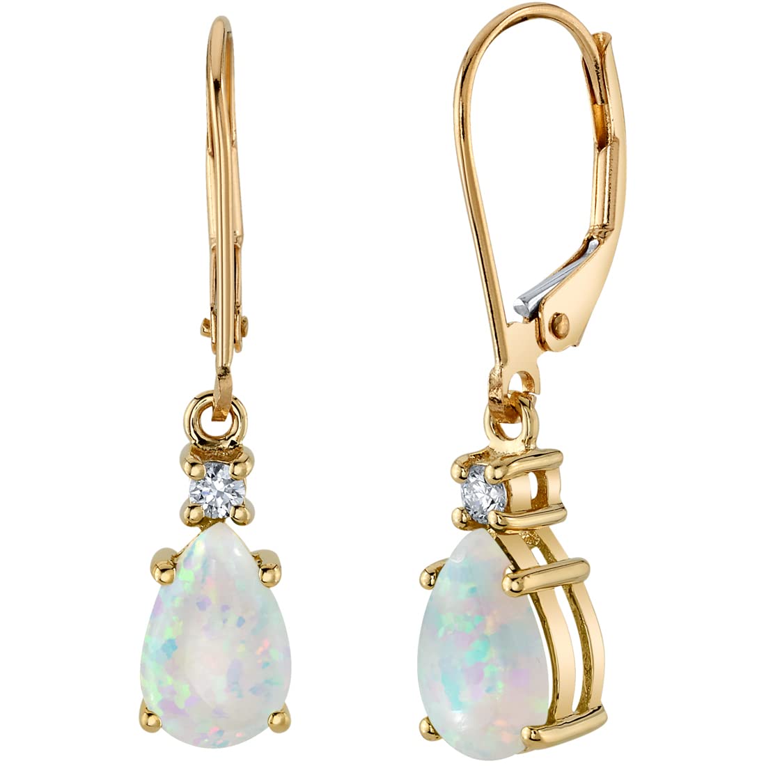 Peora 14K Yellow Gold Created White Fire Opal and Genuine Diamond Teardrop Leverback Earrings for Women, 2.10 Carats total Pear Shape 9x6mm, Dainty Fire Opal Jewelry, October Birthstone Earrings