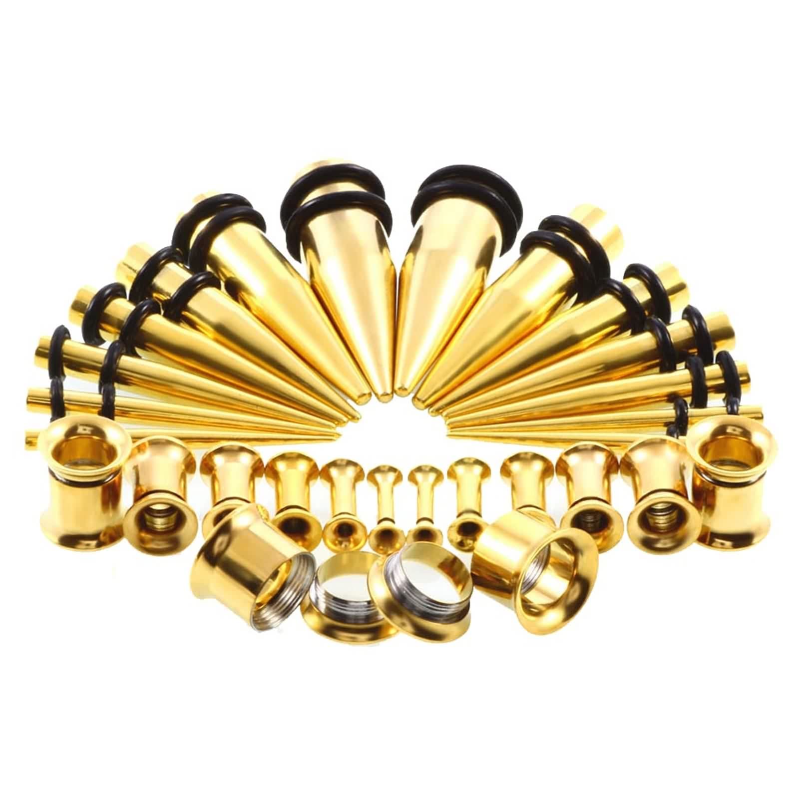 Musihy Gauge Ear Plugs 28Pcs, Stainless Steel Ear Gauges Tunnels Gold Cone and Double Flared Tunnels 12G-00G