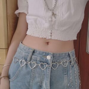 Kefley Heart Waist Chain Belt with Long Tassel Tail Body Belly Chains Silver Geometric Heart Waist Belts Y2K Chain for Dresses Pants Skirt Trousers Jeans Chain Accessories