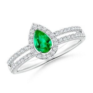 Angara Natural 0.35 Ct Emerald and 0.25 Ct Diamond Halo Ring for Women in 14K White Gold (Grade-AAA | Size-6x4mm) | May Birthstone, Birthday, Engagement, Anniversary Jewelry Gift For Women