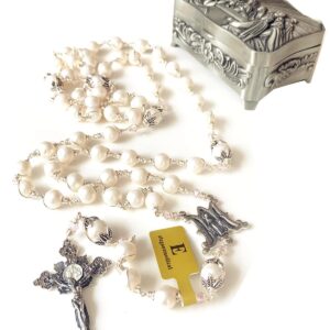 elegantmedical Handmade Sterling Silver White Pearl Beads Catholic Rosary Necklace Cross Crucifix Gift Box