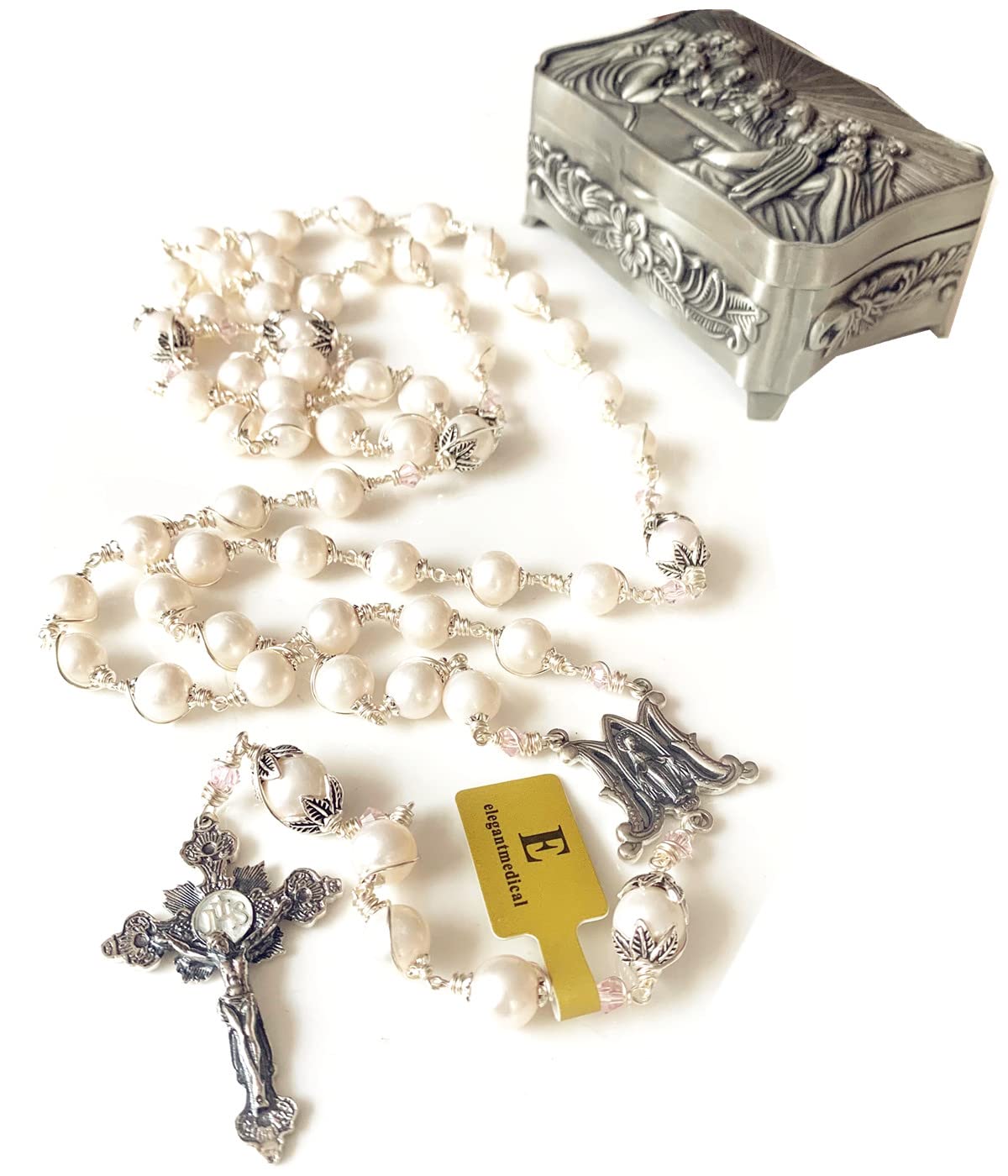 elegantmedical Handmade Sterling Silver White Pearl Beads Catholic Rosary Necklace Cross Crucifix Gift Box