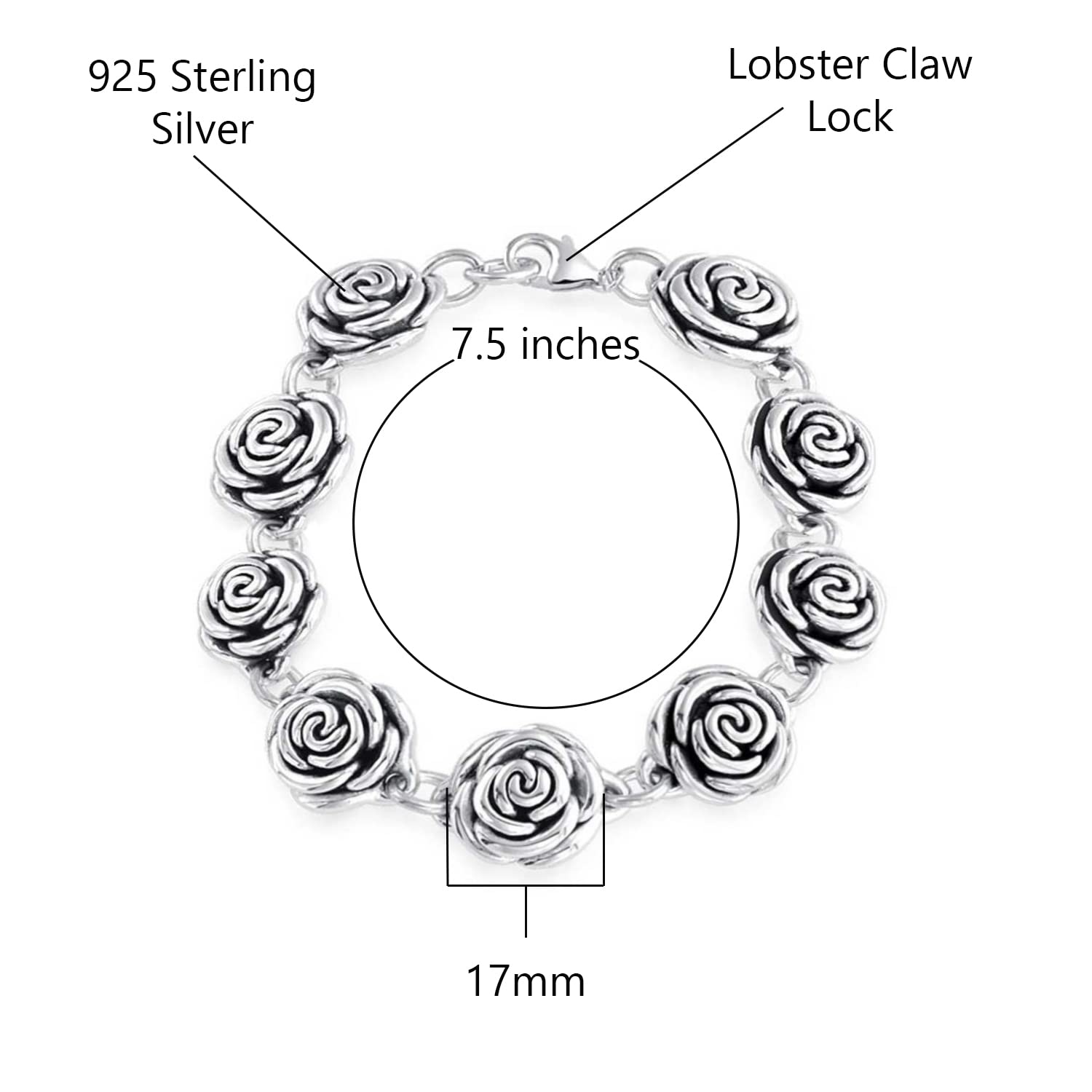 Savlano 925 Sterling Silver 17mm Italian Rose Link Chain Bracelet - 7.5 inch Hollow Flower Rose Bracelet for Women - Made in Italy Comes with Gift Box