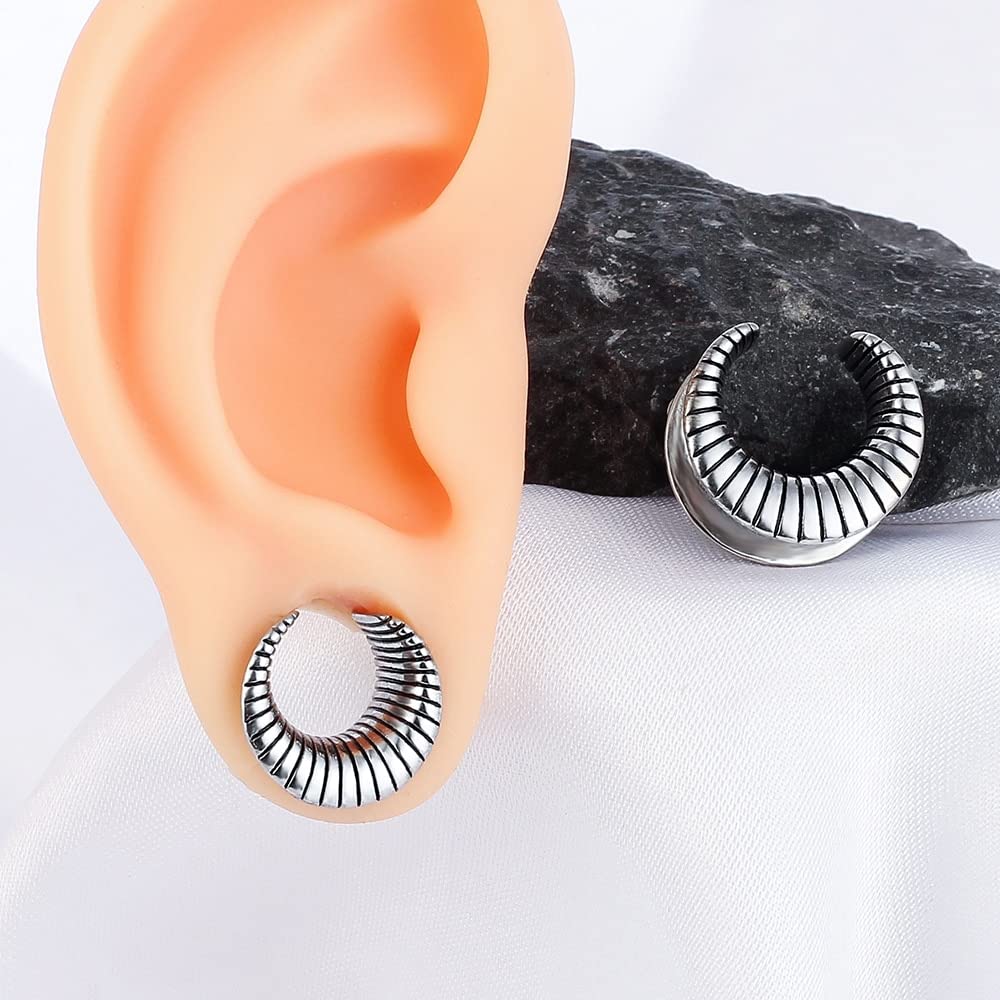 LADEMAYH 2Pcs 00 Gauges for Women, Stripe Design Silver 00g Plugs Gauges for Ears, 00g Tunnels Earrings Surgical Steel Saddle Gauges Size 00 Gauge Earrings