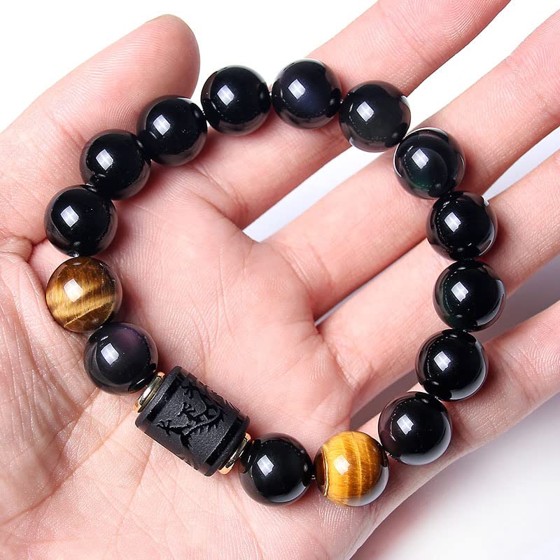 Leatic Black Obsidian Bracelets Stone Bead Bracelet tiger eye stone bracelet Men 12mm or Women 10mm Dragon and Phoenix Totem bracelet(Phoenix, 10mm)