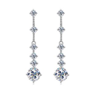 moissanite dangle earrings for women, 925 sterling silver drop wedding earrings for brides bridesmaid with 1 ct d color moissanite simulated diamond, long chain bridal stud earrings