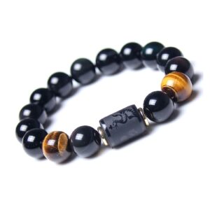 leatic black obsidian bracelets stone bead bracelet tiger eye stone bracelet men 12mm or women 10mm dragon and phoenix totem bracelet(phoenix, 10mm)