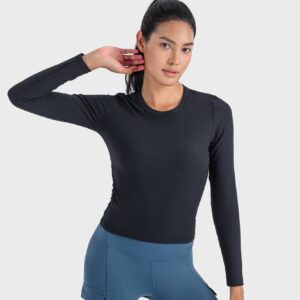 altiland Ribbed Long Sleeve Workout Tops for Women, Fitted Athletic Running T-Shirts, Cropped Yoga Exercise Shirts (Black, S)