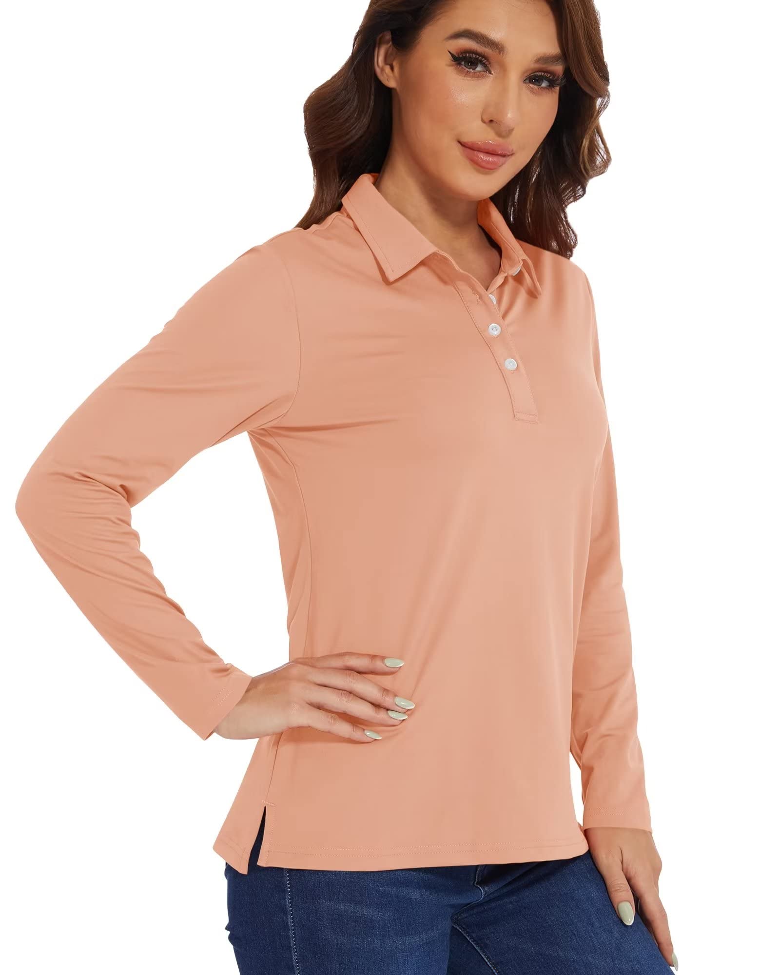 KEFITEVD Athletic Shirts Women Golf Polo Shirts Long Sleeve Collared Shirt UPF 50+ Quick Dry Sun Shirt Outdoor Performance Rashguard for Women Apricot