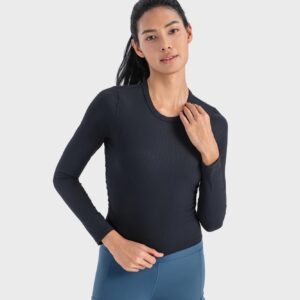 altiland Ribbed Long Sleeve Workout Tops for Women, Fitted Athletic Running T-Shirts, Cropped Yoga Exercise Shirts (Black, S)