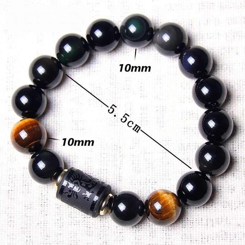 Leatic Black Obsidian Bracelets Stone Bead Bracelet tiger eye stone bracelet Men 12mm or Women 10mm Dragon and Phoenix Totem bracelet(Phoenix, 10mm)