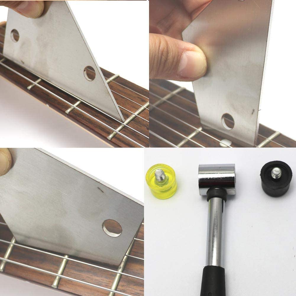 Guitar Tool Kit include Double Headed Guitar Bass Fret Wire Rubber Hammer,Guitar Fret Crown File,Stainless Steel Fret Rocker,Fingerboard Guards Protectors and Grinding Stone for Guitar(7 piece set)