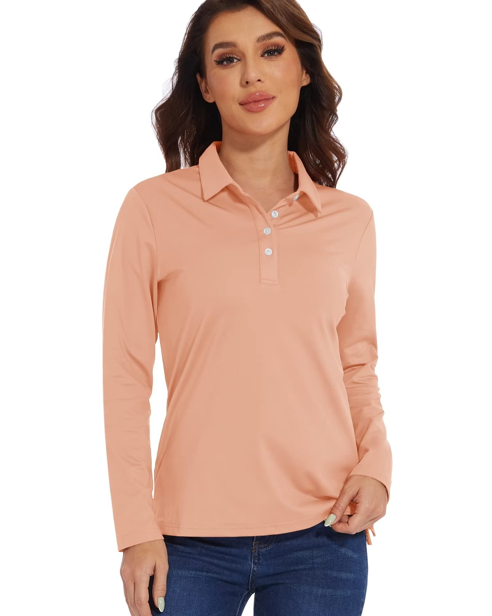 KEFITEVD Athletic Shirts Women Golf Polo Shirts Long Sleeve Collared Shirt UPF 50+ Quick Dry Sun Shirt Outdoor Performance Rashguard for Women Apricot