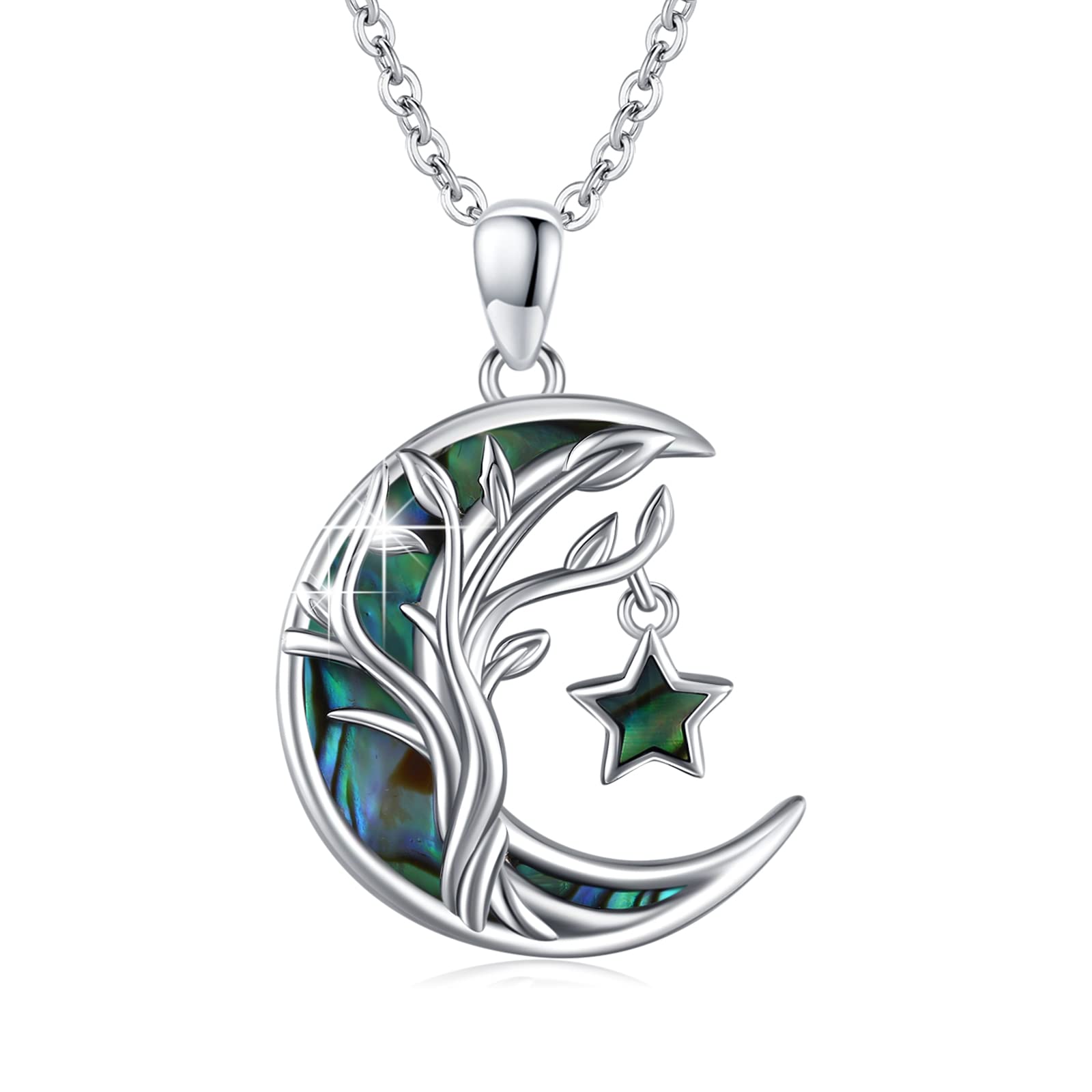 PCTJYFU Tree of Life Necklace 925 Sterling Silver Abalone Shell Star Moon Tree of Life Pendant Family jewelry for Women Mom Grandmother