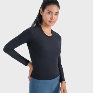 altiland Ribbed Long Sleeve Workout Tops for Women, Fitted Athletic Running T-Shirts, Cropped Yoga Exercise Shirts (Black, S)