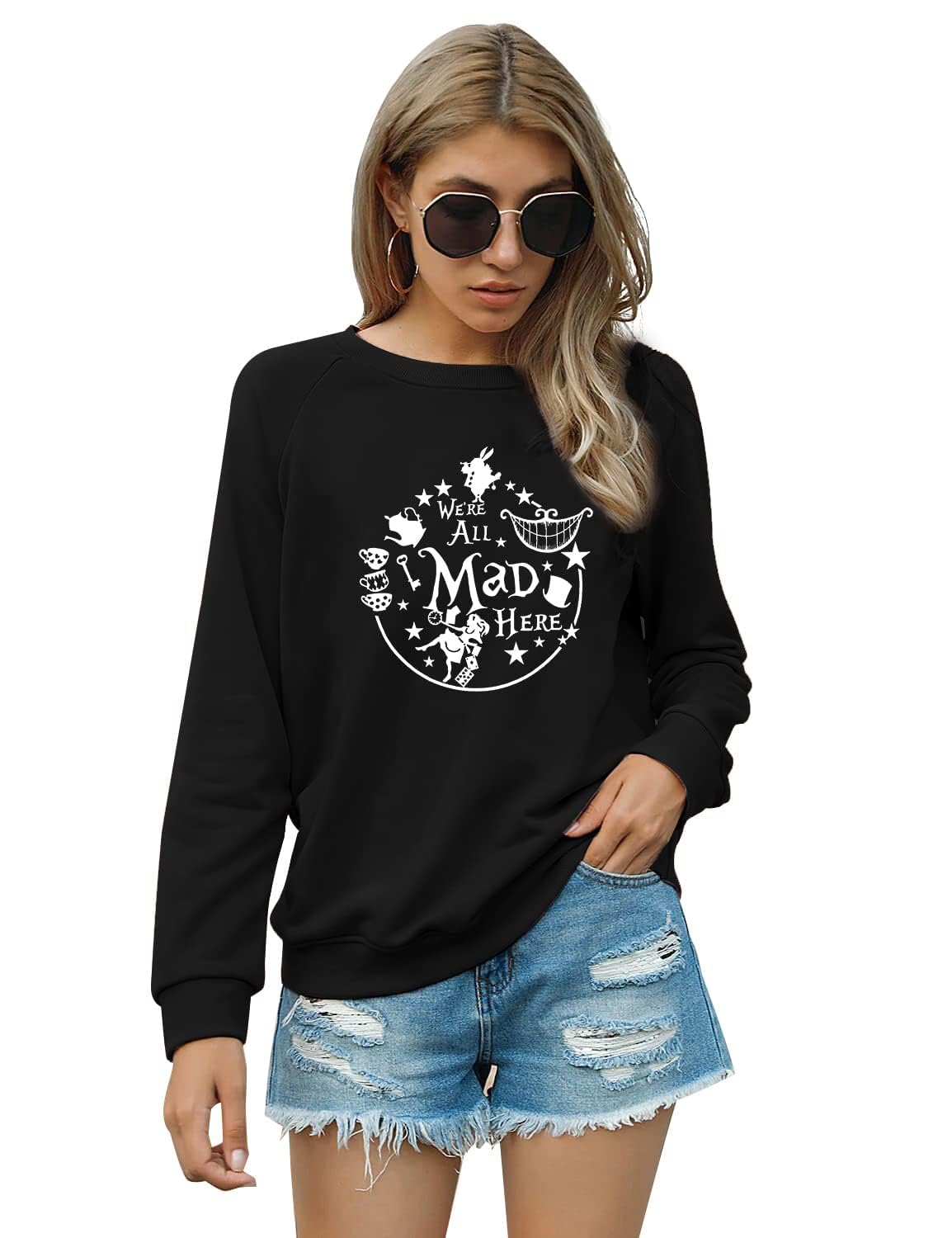 ASTANFY Alice in Wonderland Sweatshirt Women Vintage Mad Hatter Shirt Magic Kingdom Pullover Vacation Long Sleeve Tops Black