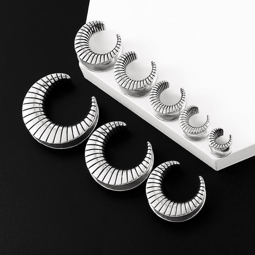 LADEMAYH 2Pcs 00 Gauges for Women, Stripe Design Silver 00g Plugs Gauges for Ears, 00g Tunnels Earrings Surgical Steel Saddle Gauges Size 00 Gauge Earrings