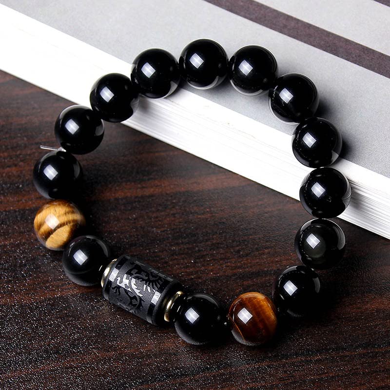 Leatic Black Obsidian Bracelets Stone Bead Bracelet tiger eye stone bracelet Men 12mm or Women 10mm Dragon and Phoenix Totem bracelet(Phoenix, 10mm)