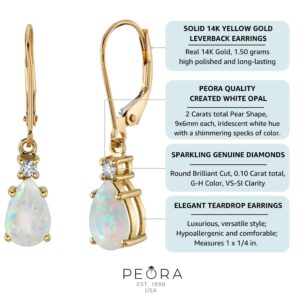 Peora 14K Yellow Gold Created White Fire Opal and Genuine Diamond Teardrop Leverback Earrings for Women, 2.10 Carats total Pear Shape 9x6mm, Dainty Fire Opal Jewelry, October Birthstone Earrings