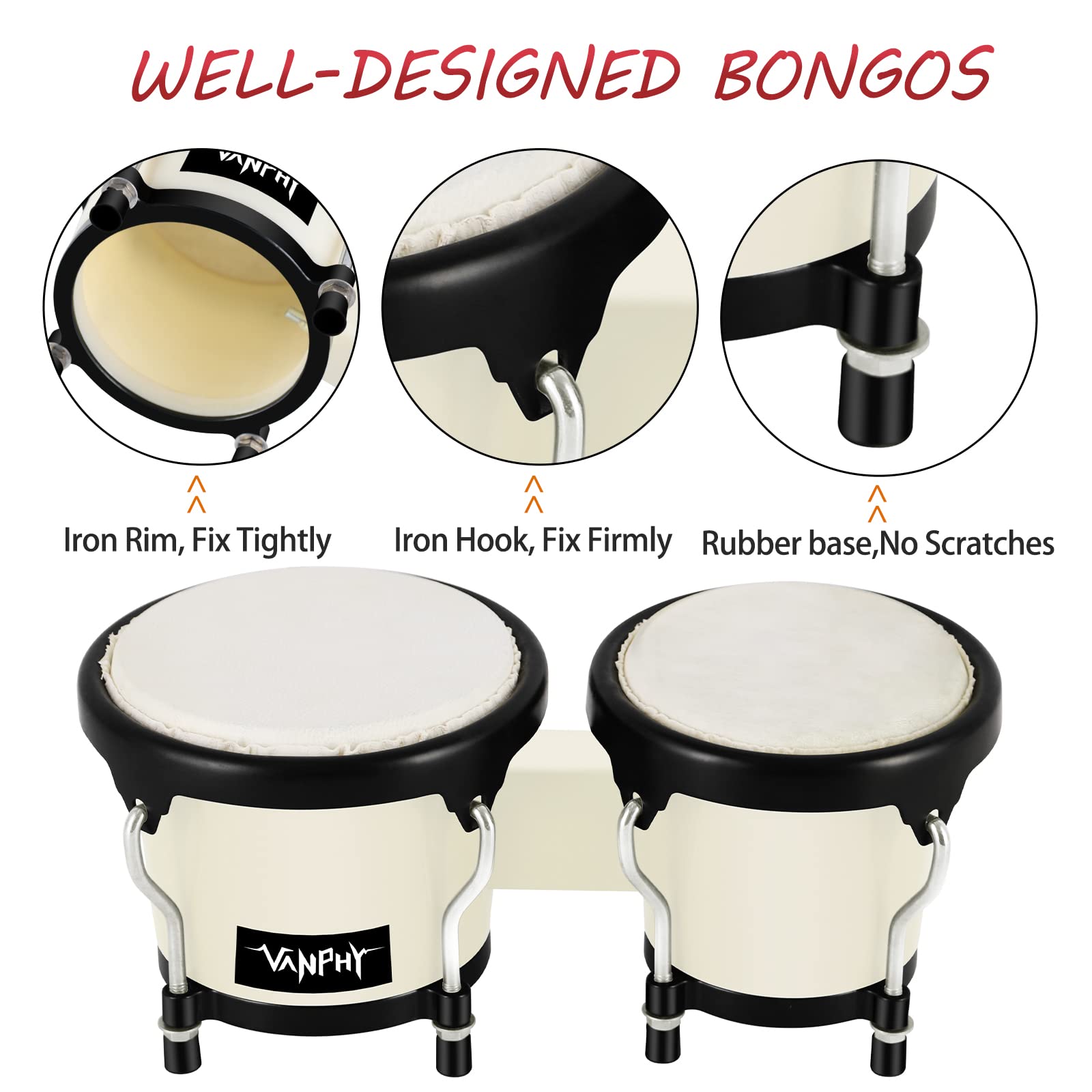 VANPHY Bongo Drum 4'' and 5'' Set for Adults Beginners Tunable Natural Skin Bongos Percussion Instruments With Tuning Wrench and Gift Box (White)